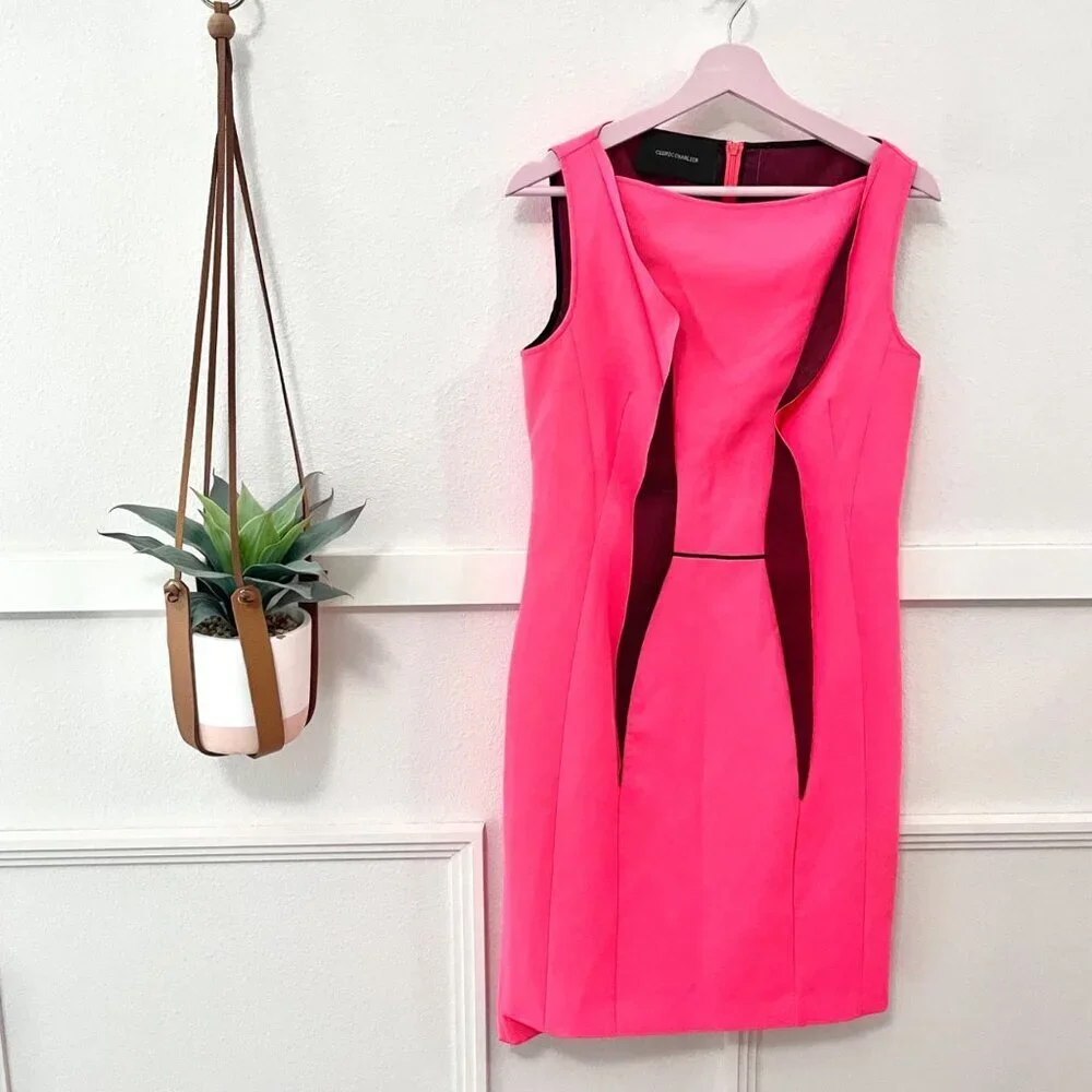 Cedric Charlier Ruffle Detail Pink Black Dress Size 10 Sleeveless Cocktail